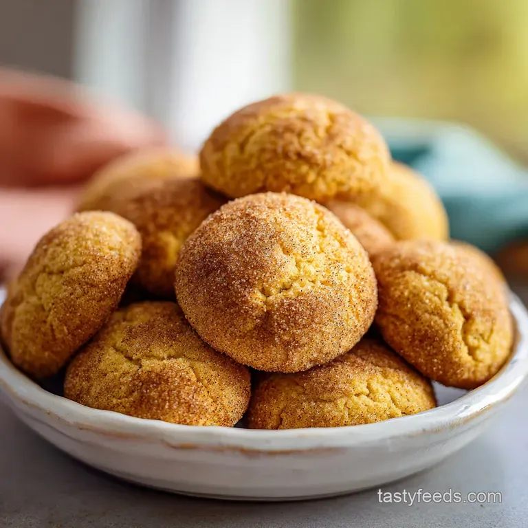 Stack of soft pumpkin snickerdoodle cookies with crinkled tops on a rustic wooden plate dusted with powdered sugar.