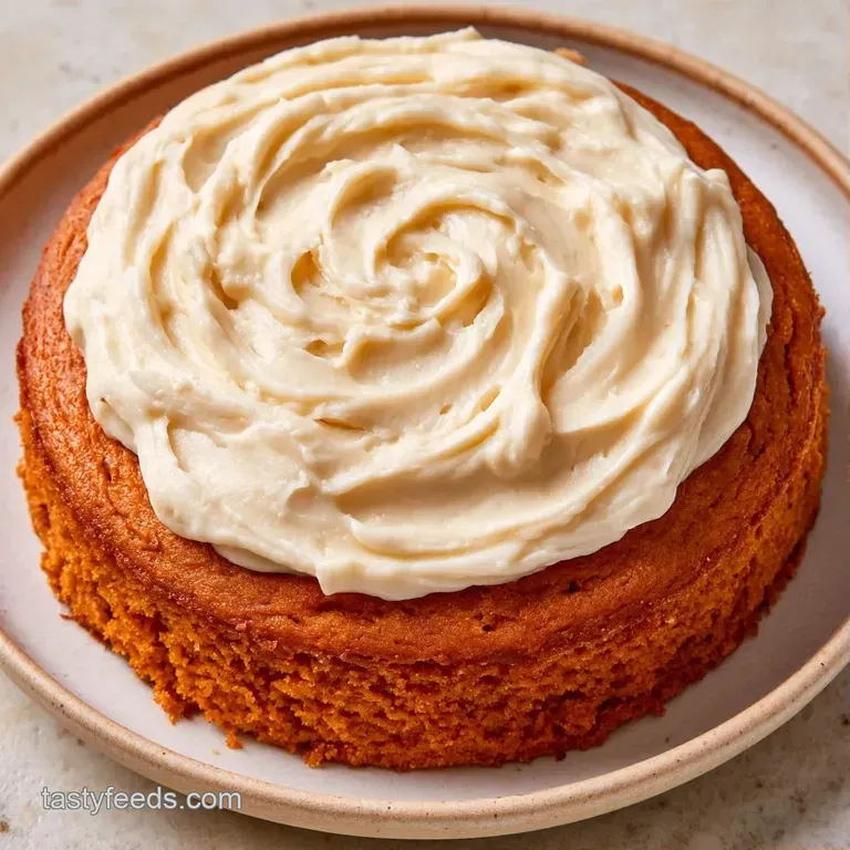 A slice of orange-hued cake on a white ceramic plate with a swirl of cream and a sprig of fresh mint.