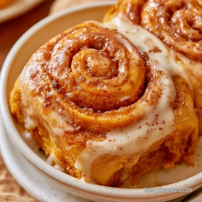 A single golden spiral pastry on a white plate with a drizzle of white icing and a decorative cinnamon stick.