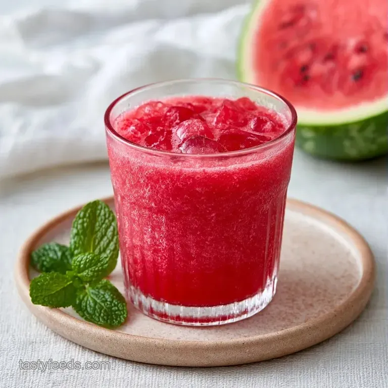 Vibrant red juice in a sleek glass on a marble surface next to crisp, juicy watermelon cubes and lime