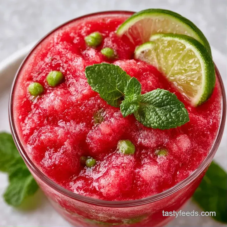 Four frosty glasses of vibrant red liquid arranged on a white tabletop with lime slices and fresh green mint.