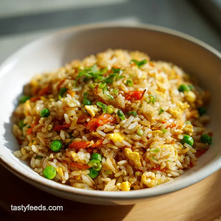 Elegant portion of fried rice on a white plate: glistening grains, vibrant veggies, and a sprinkle of fresh herbs offer vi...