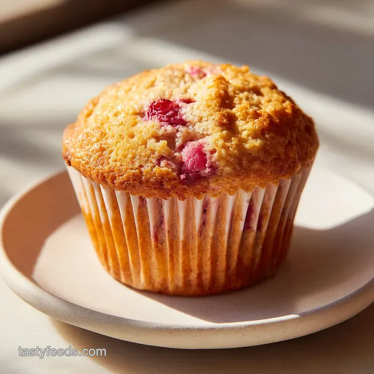 A stack of fluffy rhubarb muffins, their pink-streaked interiors peeking out, served on a white plate.