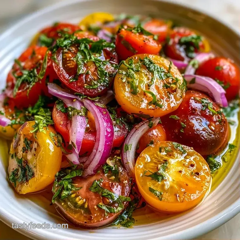 Colorful tomato slices arranged on a white platter with pearls of mozzarella and a drizzle of golden olive oil.