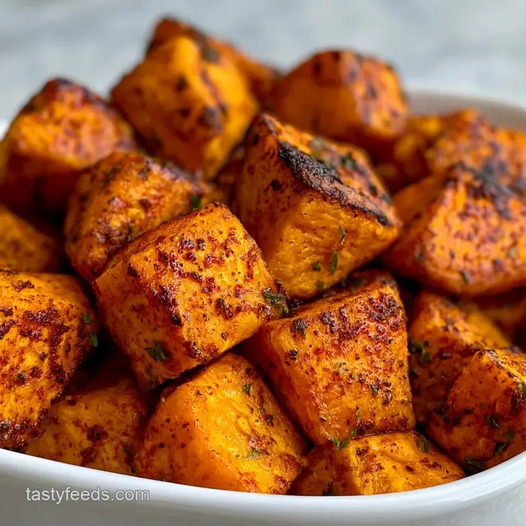 Cubed orange root vegetables arranged on a matte white plate, garnished with fresh green cilantro and lime wedges