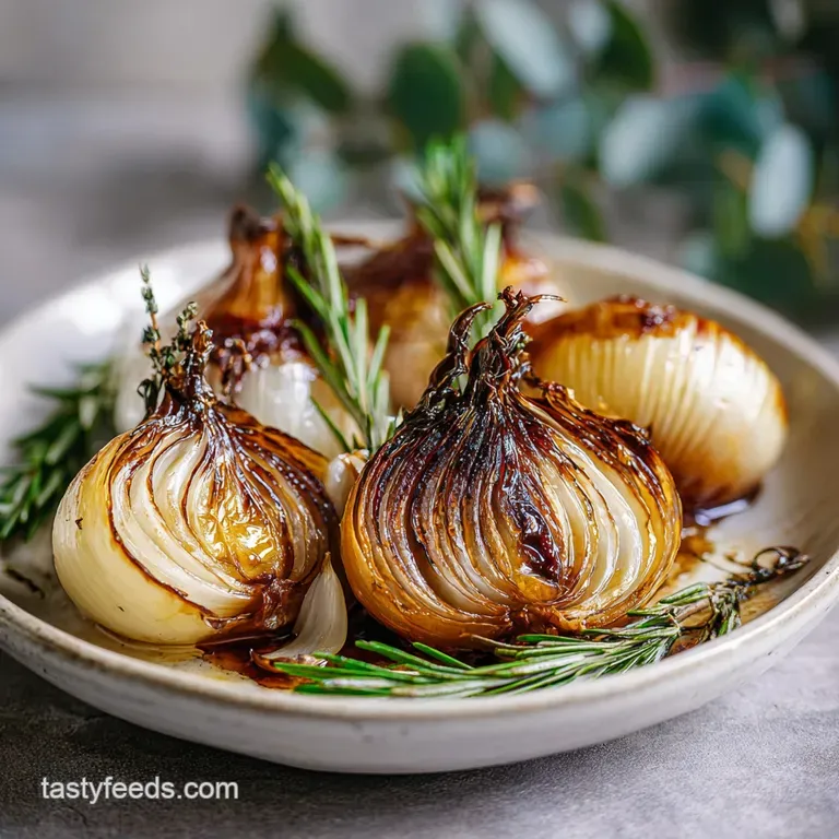 Caramelized onion wedges and soft garlic piled high on a plate, vibrant green rosemary sprigs add an aromatic touch.