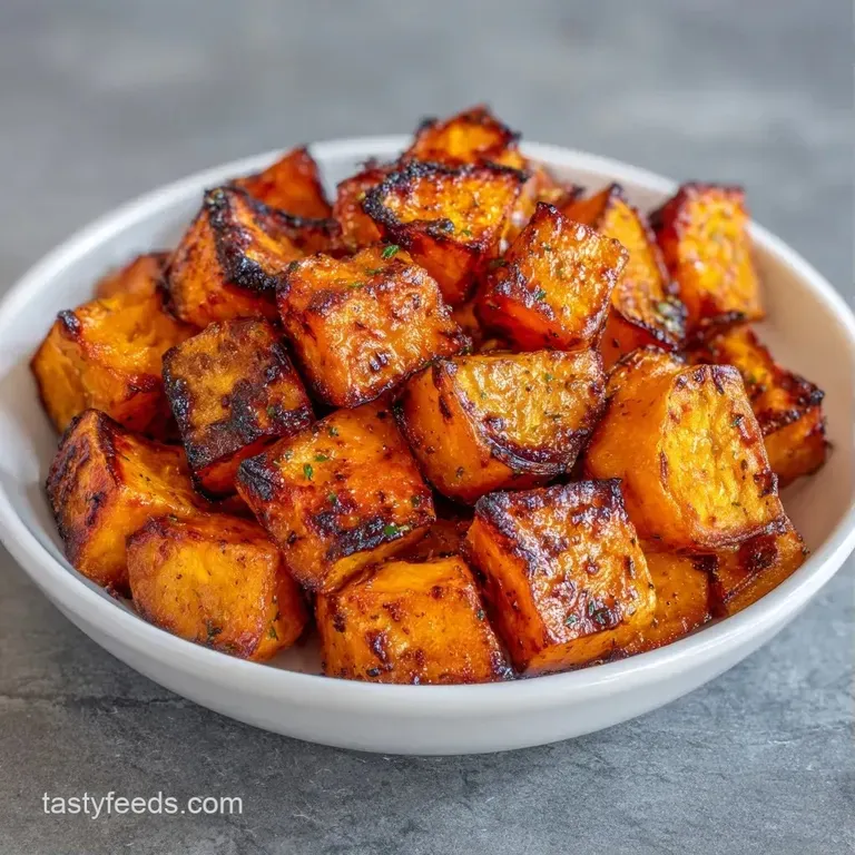 Caramelized orange potato chunks piled high on a white ceramic plate, garnished with bright green parsley sprigs.
