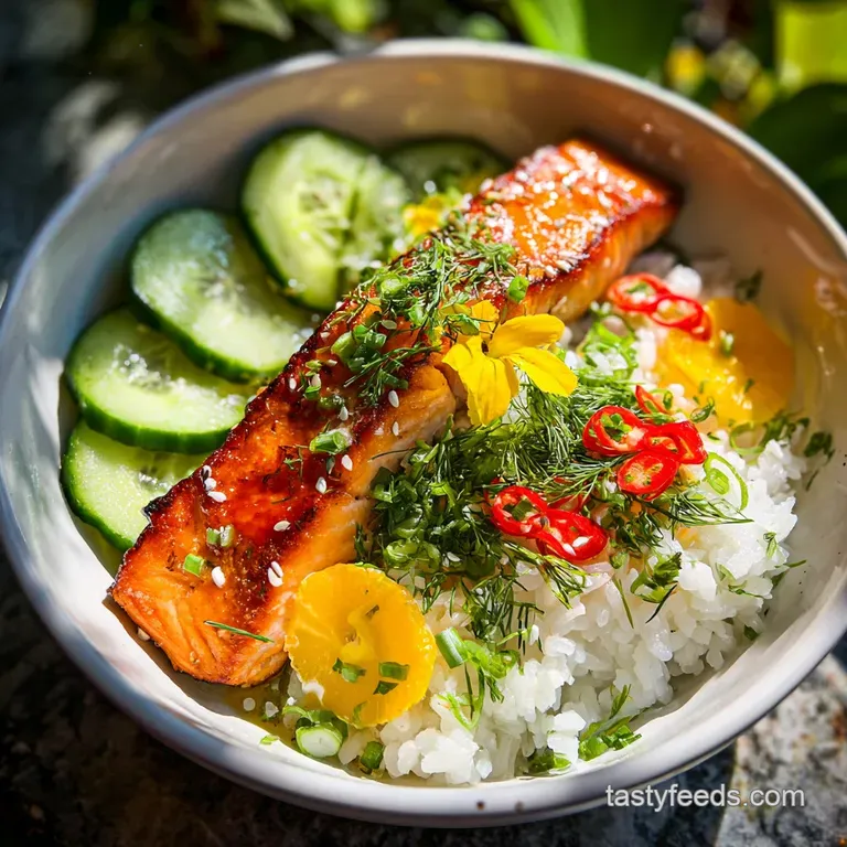 Perfectly seared salmon atop rice, garnished with fresh herbs and a drizzle of sauce, showcasing restaurant-quality plating.
