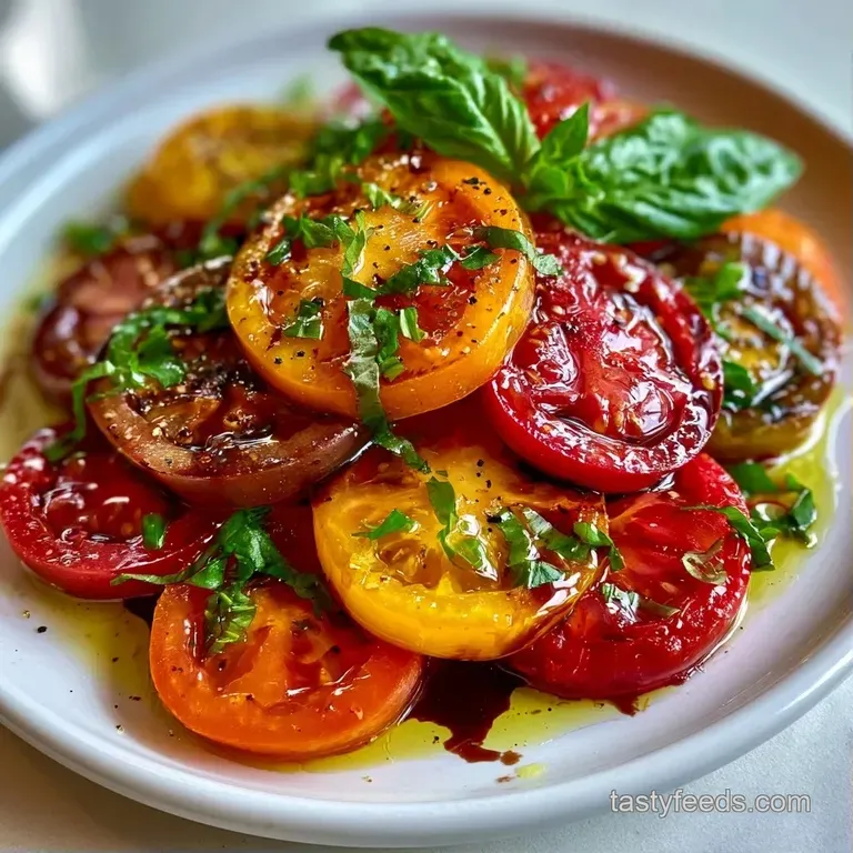 Sliced colorful tomatoes arranged on a white ceramic plate with fresh basil leaves and a drizzle of golden oil.