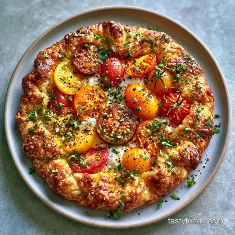 Rustic pastry on a weathered wooden board, garnished with fresh green basil and a sprinkle of coarse sea salt.