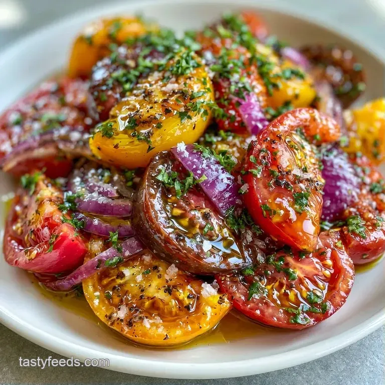 Elegant arrangement of multi-colored tomato slices on a white plate, topped with flaky salt and green basil leaves.