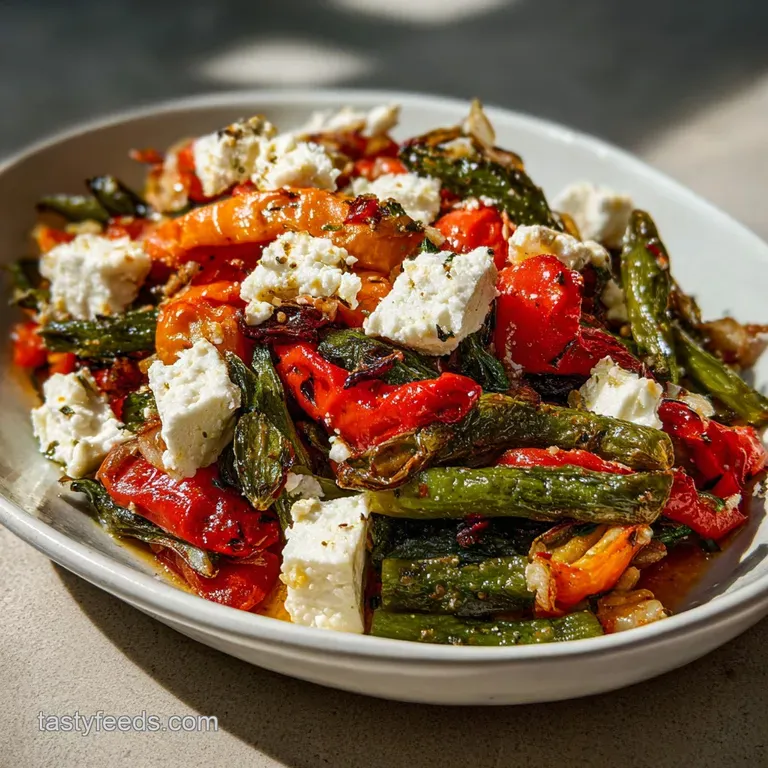 Elegant plating of vibrant Greek vegetables. Glossy charred peppers and zucchini, topped with crumbled feta. A colorful he...