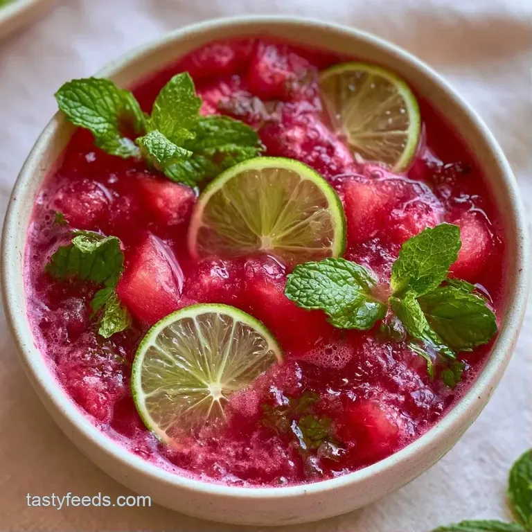 Four tall glasses of bright red juice on a wooden tray, garnished with mint sprigs and lime slices, iced cold.