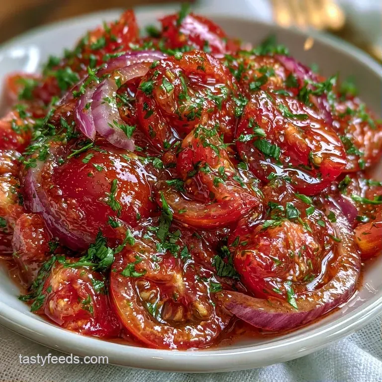 Bright red tomato slices arranged in a circle on a white ceramic plate, topped with cracked black pepper and herbs.