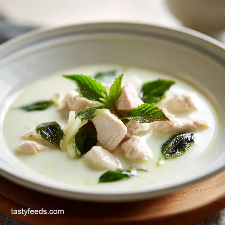 A white ceramic bowl of creamy coconut soup garnished with red chili oil, fresh cilantro, and a lime slice on the side.
