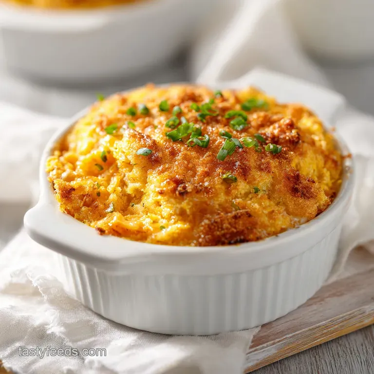 A comforting scoop of cheesy squash casserole, glistening and garnished with fresh herbs.
