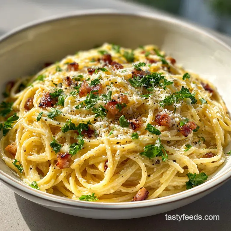Elegant plate of carbonara: silky noodles coated in rich sauce, topped with a vibrant egg yolk and fresh parsley.