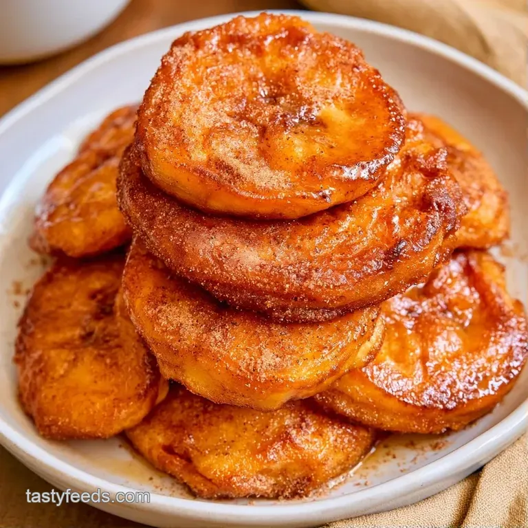 A stack of crispy fried banana coins topped with a dollop of thick white cream and a tiny sprig of fresh mint.