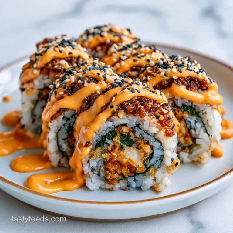 A smooth coral-colored condiment drizzled in a precise spiral over crispy golden fries and fresh green scallions.