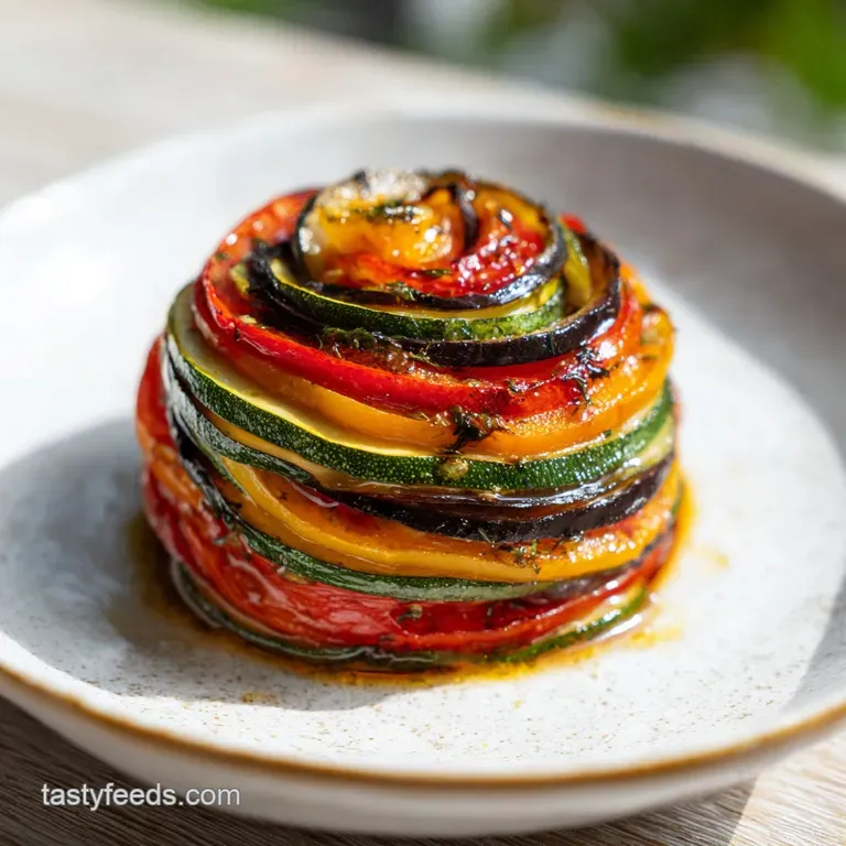 Elegant slice of baked ratatouille spiral showcasing layered textures and vivid colors, atop a white plate with sauce driz...