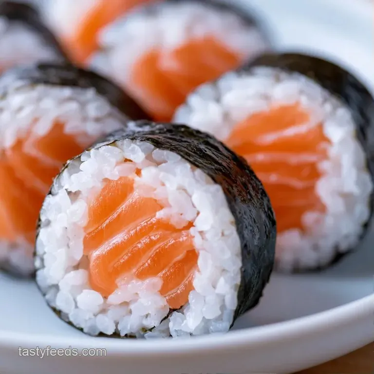 Neatly sliced sushi rolls on a dark ceramic plate with vibrant green wasabi and translucent pickled ginger.