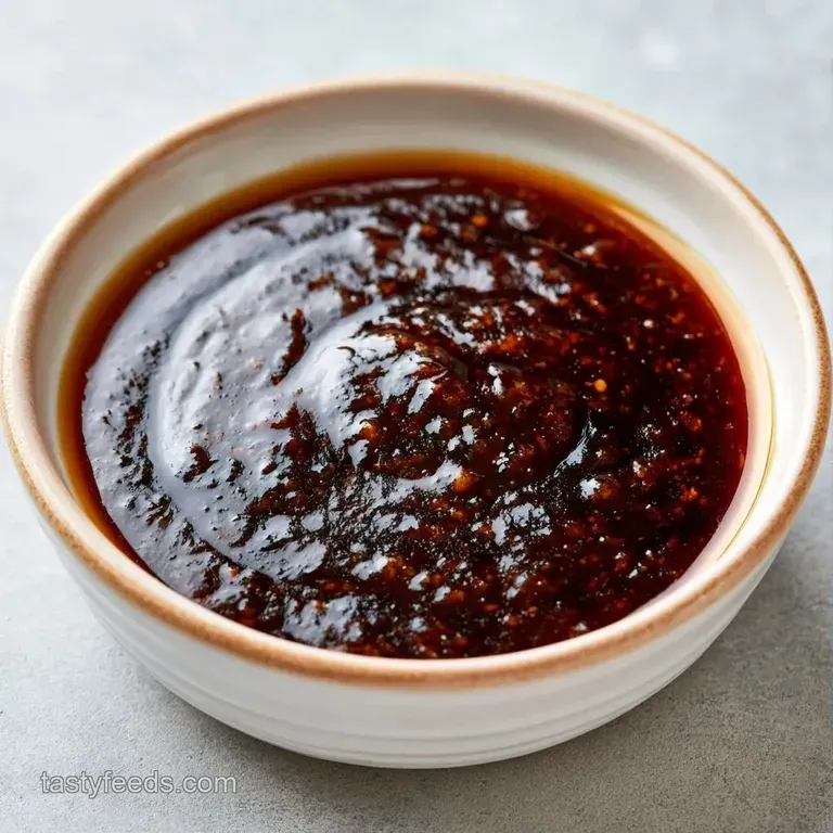 A small ceramic bowl of dark, syrupy sauce beside neatly arranged sushi rolls on a minimalist slate platter.