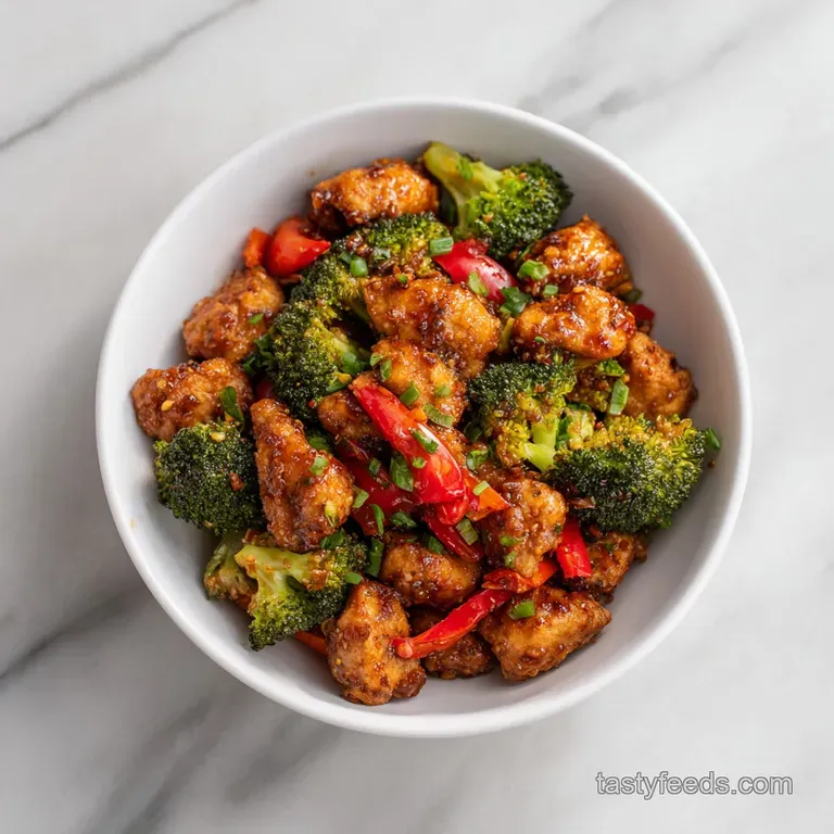 A white bowl of creamy nut-brown chicken and red bell peppers, finished with fresh cilantro and a lime wedge.