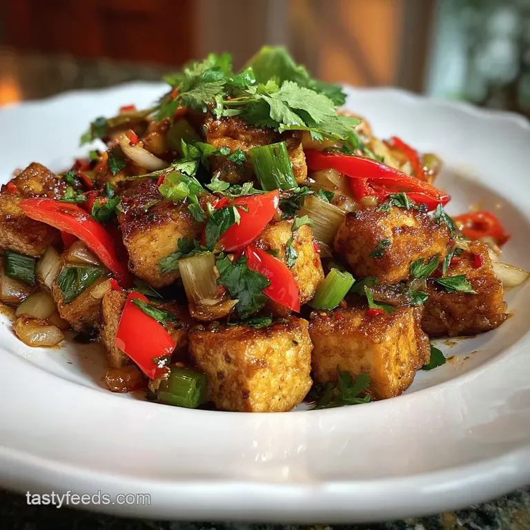 Elegant plated vegan dish: Ginger-glazed tofu nestled among glossy greens, with a delicate drizzle of sauce on a white plate.