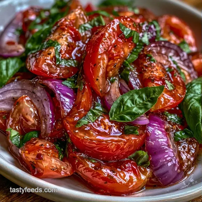 Vibrant red tomato wedges and thin red onion slivers arranged on a white ceramic plate with fresh green parsley.