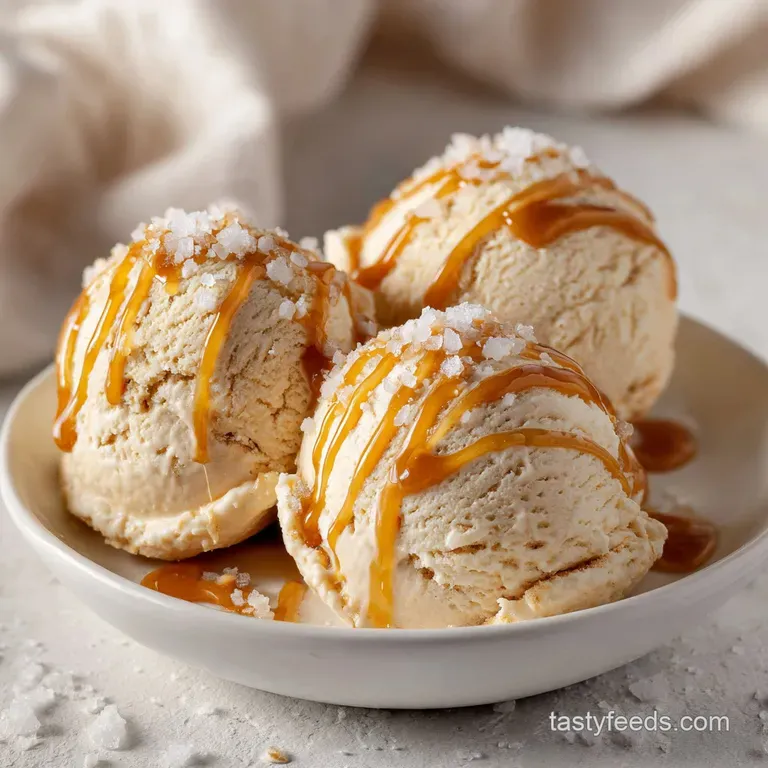 Elegant scoops of pale gold dessert in a glass bowl, drizzled with amber syrup and topped with flaky sea salt.