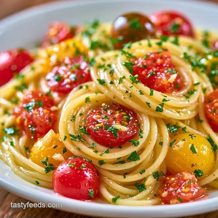 Twirled pasta nests topped with multicolored tomato wedges and a drizzle of olive oil on a minimalist ceramic plate.