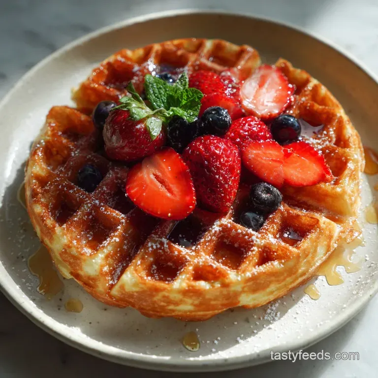 Single golden waffle, dusted with powdered sugar, topped with mixed berries and a dollop of whipped cream on white plate.