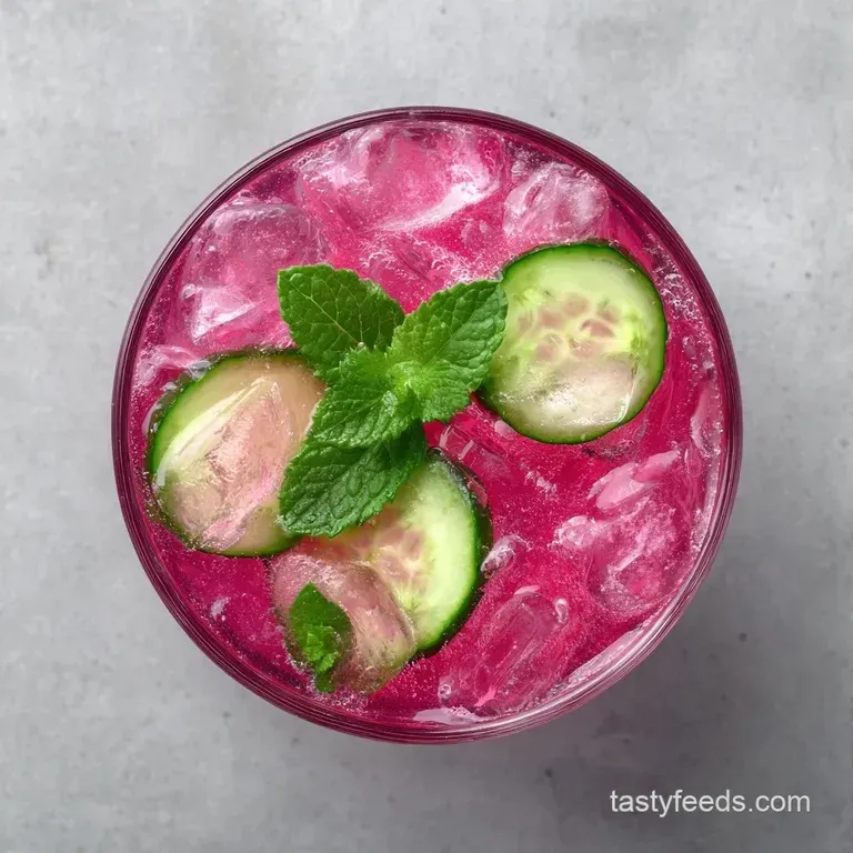 Chilled pink beverage in a condensation-covered glass with a thin cucumber spiral and fresh mint on white marble.