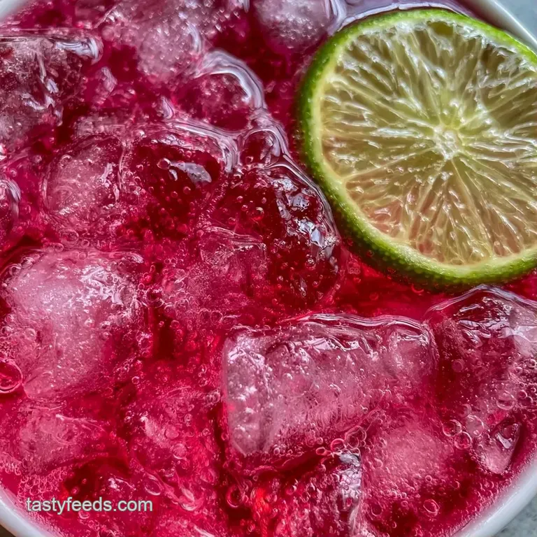 A tall crystal glass filled with ruby red liquid and ice, set on a white linen cloth beside a fresh lime wedge.