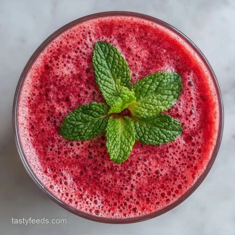 Tall glasses of bright pink juice arranged on a white linen cloth with fresh mint sprigs and watermelon slices nearby.