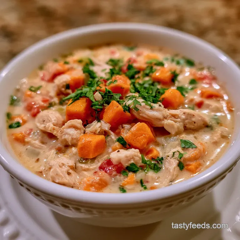 Ivory stew in a modern bowl garnished with bright green cilantro, diced avocado, and a sprinkle of red pepper.