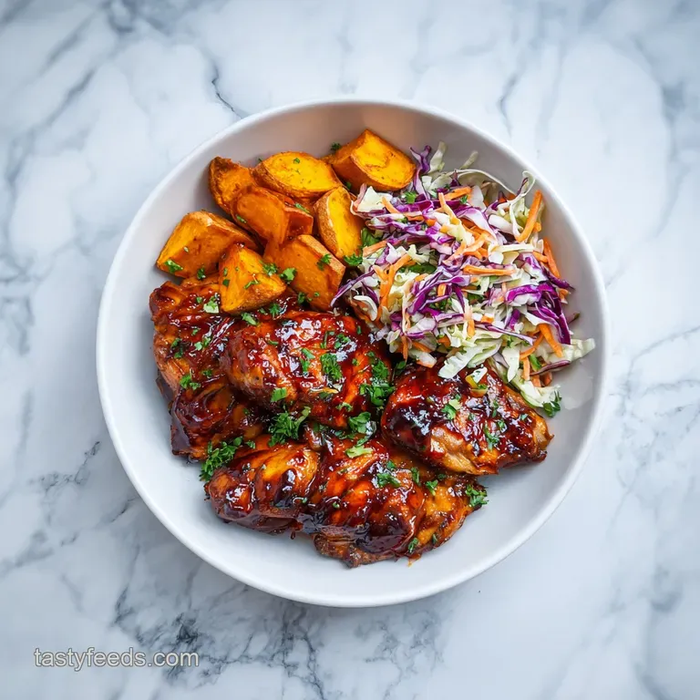 Charred BBQ chicken pieces and bright corn kernels artistically arranged in a bowl with sliced avocado and cilantro.