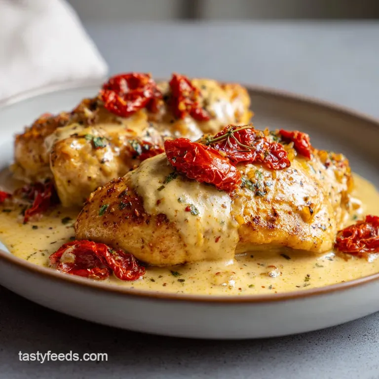 Tender chicken breasts nestled in a silky cream sauce on a white platter, topped with bright red tomatoes and herbs.