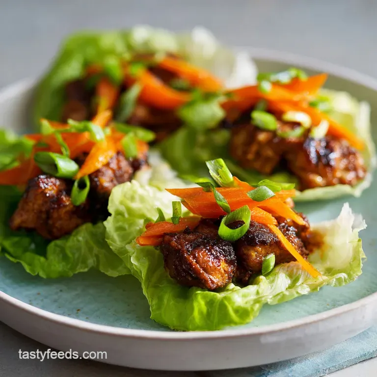 A row of crisp lettuce cups filled with savory browned meat and green onions on a minimalist white ceramic platter.