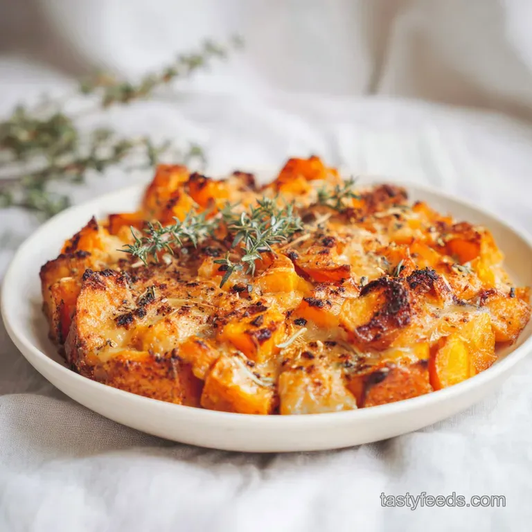 A neat portion of creamy orange mash and softened apple pieces served on a matte stoneware plate with herbs.