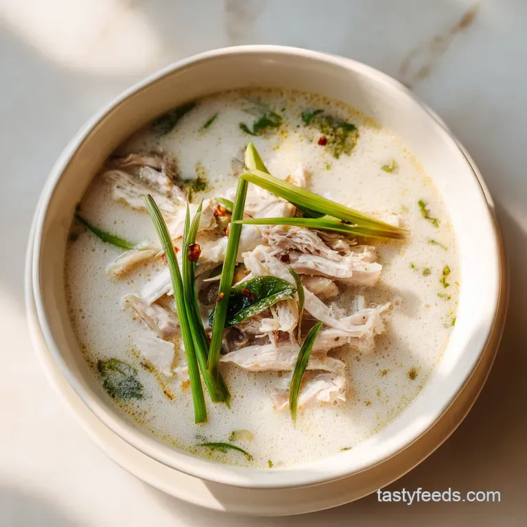 A white ceramic bowl of silky coconut broth filled with mushrooms and herbs, set on a rustic wooden tabletop.