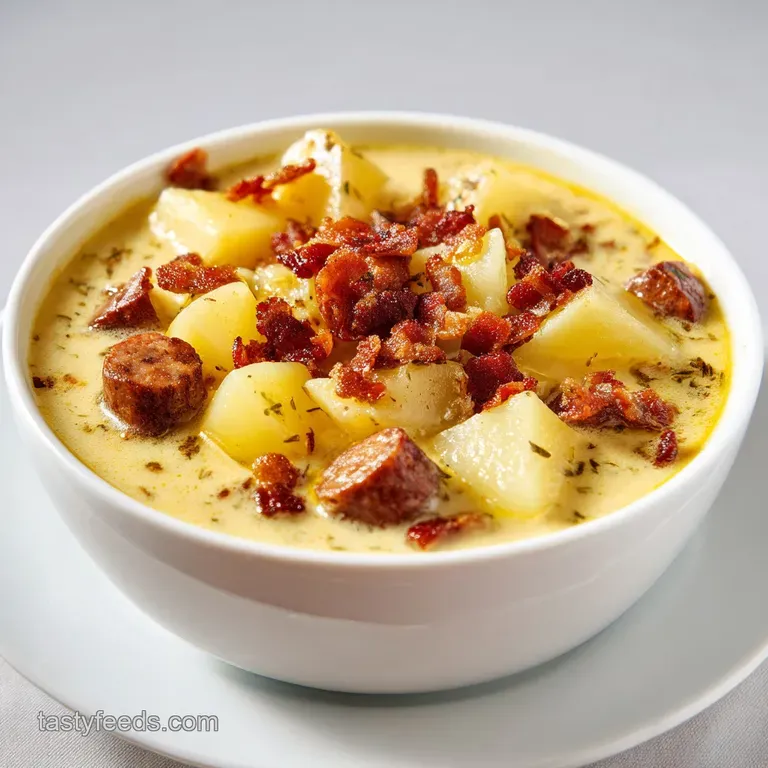 Hearty soup with dark green kale and golden potato chunks in a creamy white broth, served in a rustic ceramic bowl.