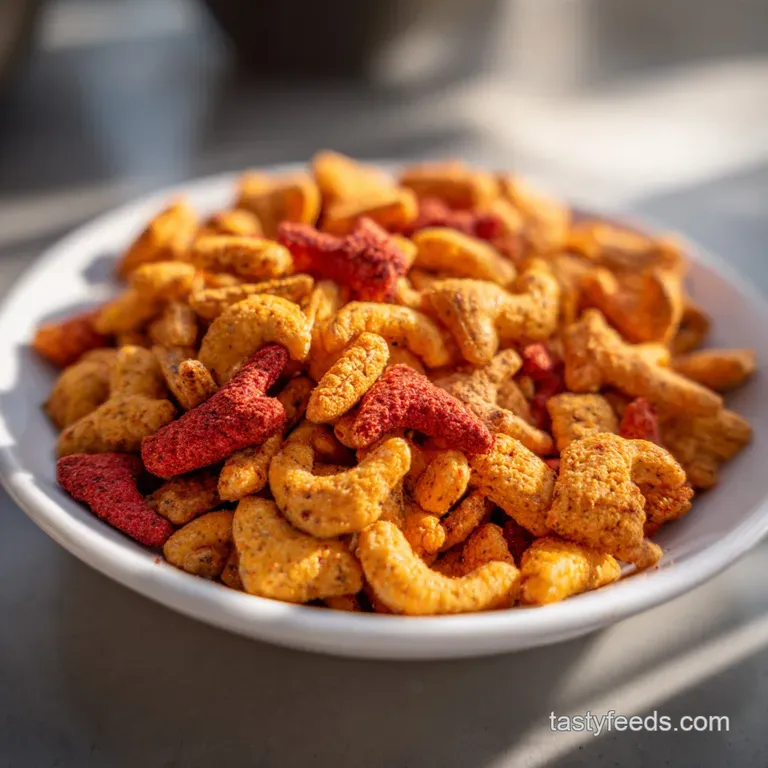 Colorful snack mix in a clear glass bowl. Pastel animal crackers and bright candies create a playful, appetizing display.